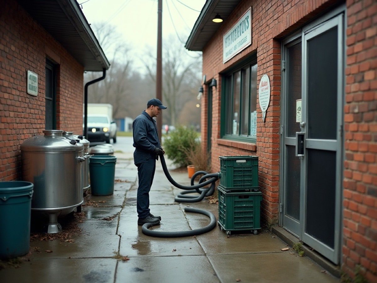Grease trap pumping at the service entrance of a New Bern restaurant