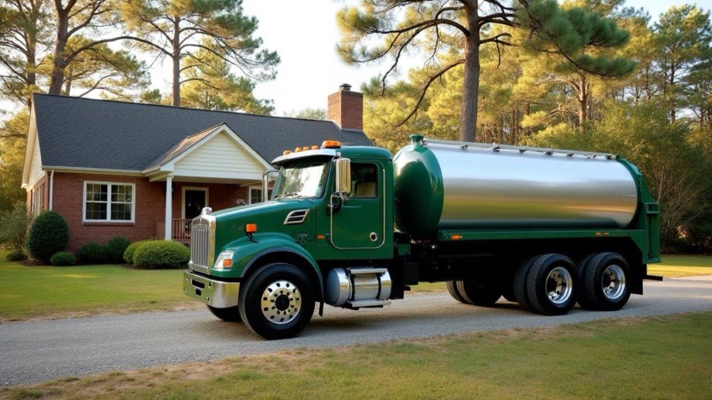 Septic pumping truck in the driveway of a brick home near New Bern, NC