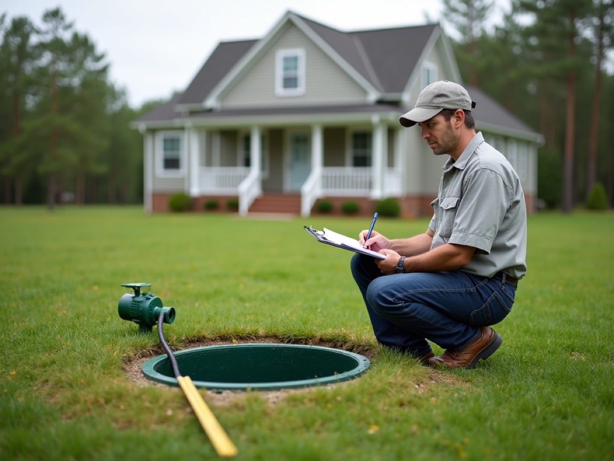 Septic inspector checking an open riser and taking notes at a New Bern area home