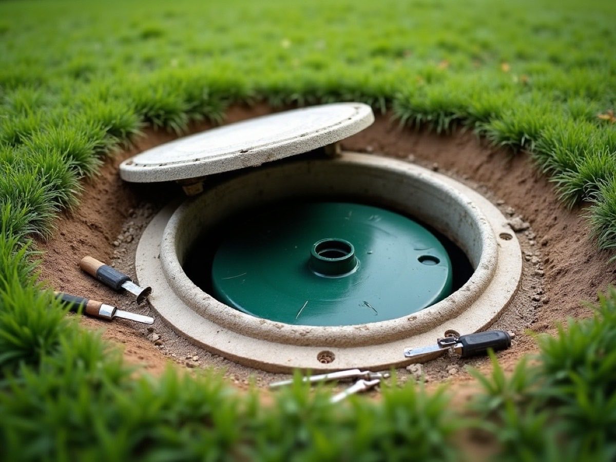 Open septic tank lid and riser in a mowed eastern North Carolina lawn