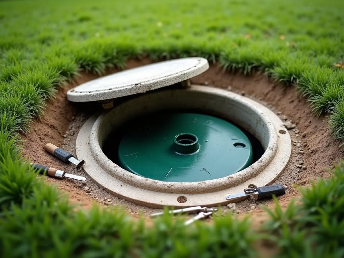 Open septic tank lid and riser in a mowed eastern North Carolina lawn