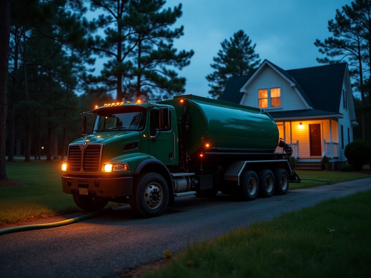 Septic vacuum truck on an emergency call at dusk in Craven County