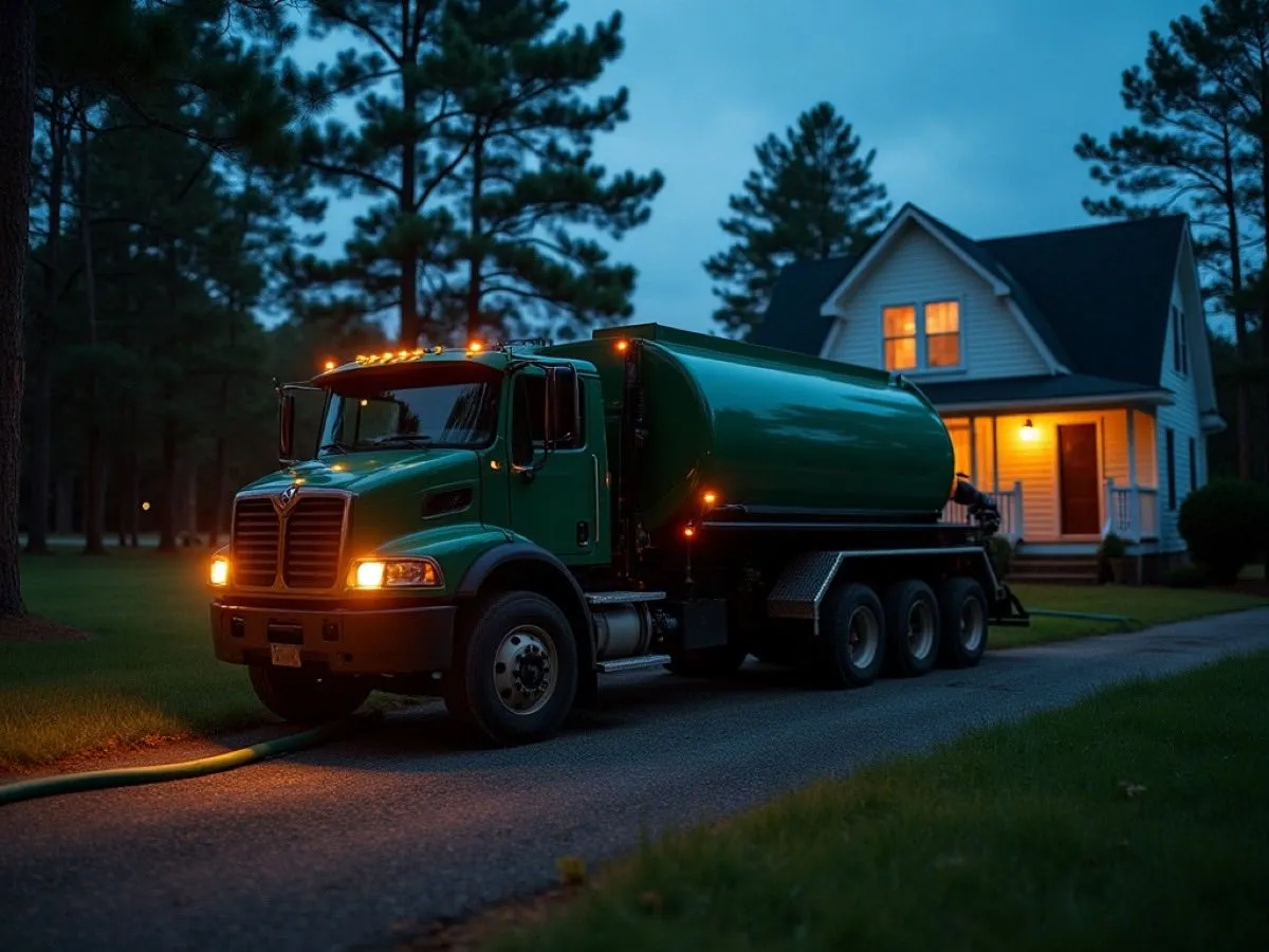 Septic vacuum truck on an emergency call at dusk in Craven County