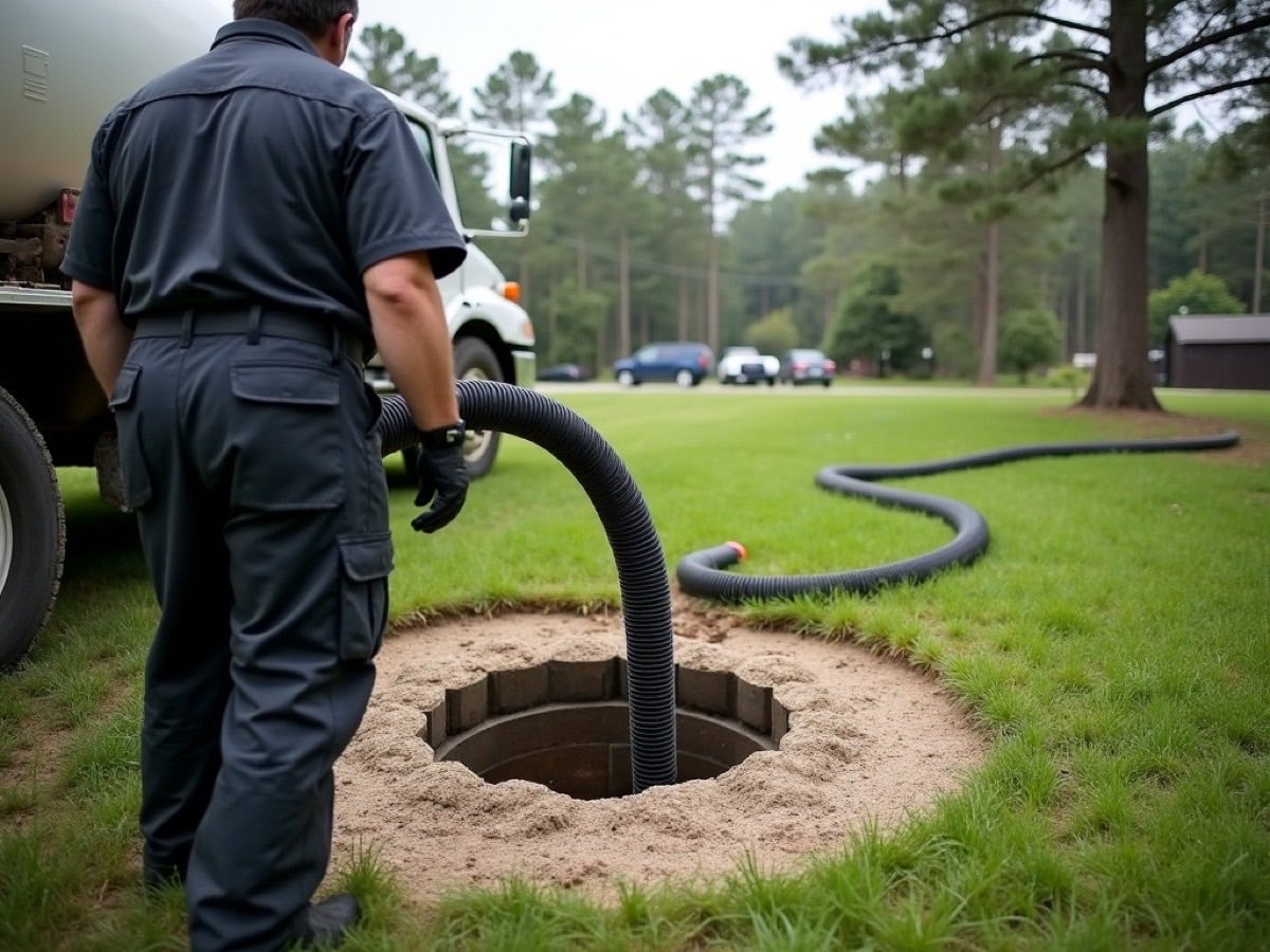 Technician guiding a suction hose into an open septic tank in a Craven County yard