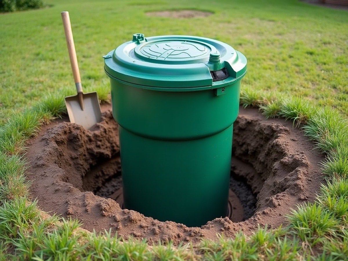 New septic tank riser and lid installed flush in a lawn after repair