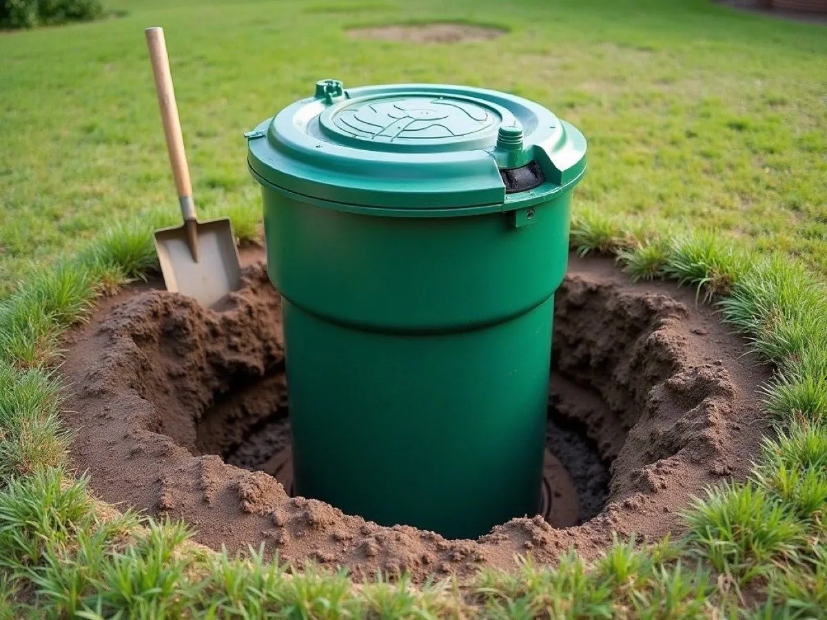 New septic tank riser and lid installed flush in a lawn after repair