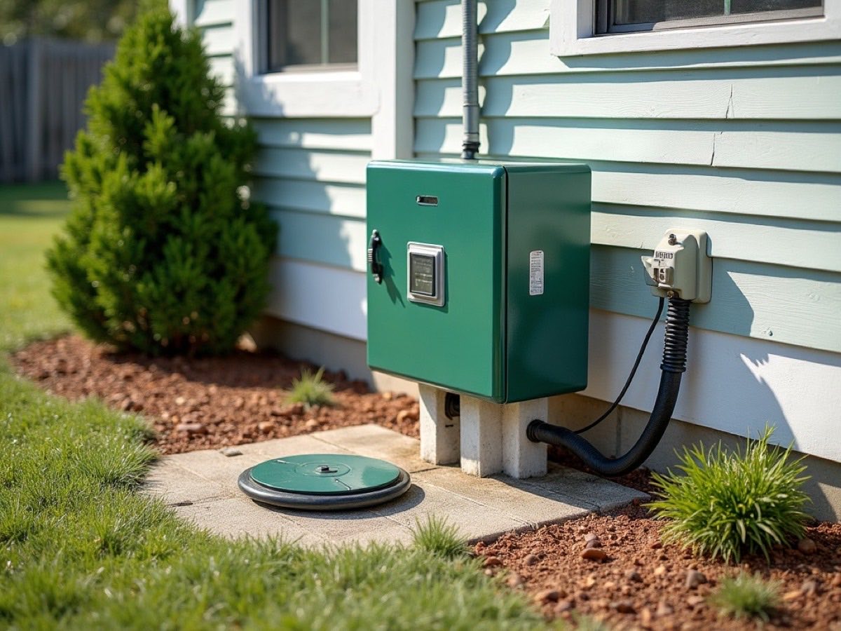Residential STEP system control panel and tank access in a New Bern yard